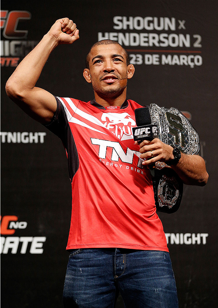 NATAL, BRAZIL - MARCH 22: UFC featherweight champion Jose Aldo interacts with fans during a Q&A session before the UFC weigh-in at Ginasio Nelio Dias on March 22, 2014 in Natal, Brazil. (Photo by Josh Hedges/Zuffa LLC/Zuffa LLC via Getty Images)