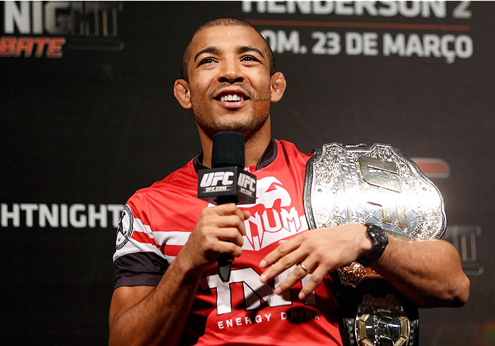 NATAL, BRAZIL - MARCH 22: UFC featherweight champion Jose Aldo interacts with fans during a Q&A session before the UFC weigh-in at Ginasio Nelio Dias on March 22, 2014 in Natal, Brazil. (Photo by Josh Hedges/Zuffa LLC/Zuffa LLC via Getty Images)