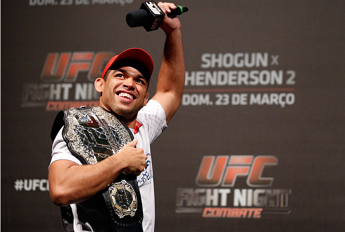 NATAL, BRAZIL - MARCH 22: UFC bantamweight champion Renan Barao interacts with fans during a Q&A session before the UFC weigh-in at Ginasio Nelio Dias on March 22, 2014 in Natal, Brazil. (Photo by Josh Hedges/Zuffa LLC/Zuffa LLC via Getty Images)