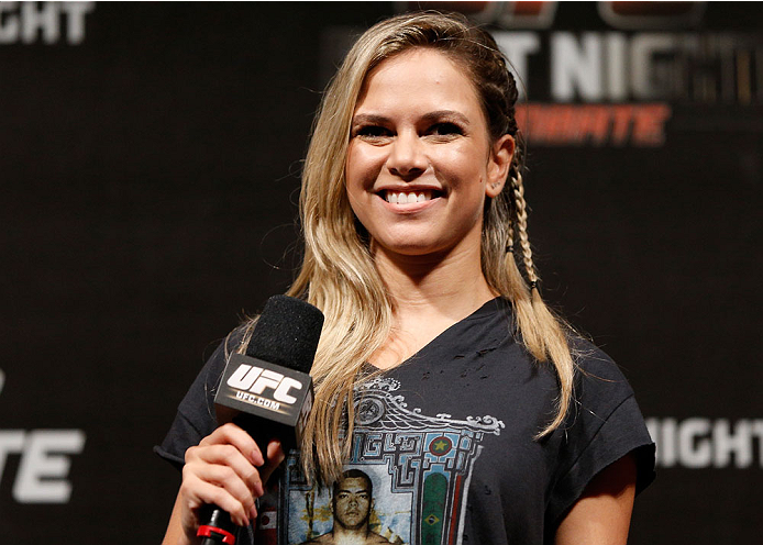 NATAL, BRAZIL - MARCH 22: UFC reporter Paula Sack hosts a Q&A session with fans before the UFC weigh-in at Ginasio Nelio Dias on March 22, 2014 in Natal, Brazil. (Photo by Josh Hedges/Zuffa LLC/Zuffa LLC via Getty Images)