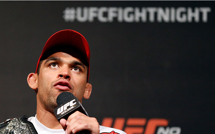 NATAL, BRAZIL - MARCH 22: UFC bantamweight champion Renan Barao interacts with fans during a Q&A session before the UFC weigh-in at Ginasio Nelio Dias on March 22, 2014 in Natal, Brazil. (Photo by Josh Hedges/Zuffa LLC/Zuffa LLC via Getty Images)