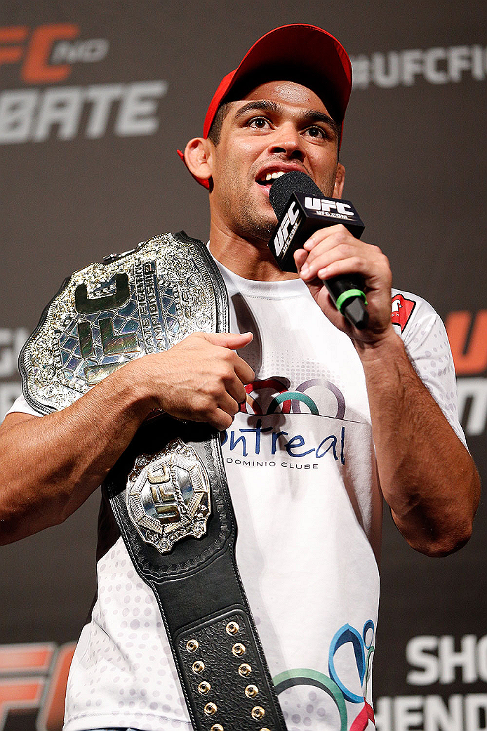 NATAL, BRAZIL - MARCH 22: UFC bantamweight champion Renan Barao interacts with fans during a Q&A session before the UFC weigh-in at Ginasio Nelio Dias on March 22, 2014 in Natal, Brazil. (Photo by Josh Hedges/Zuffa LLC/Zuffa LLC via Getty Images)