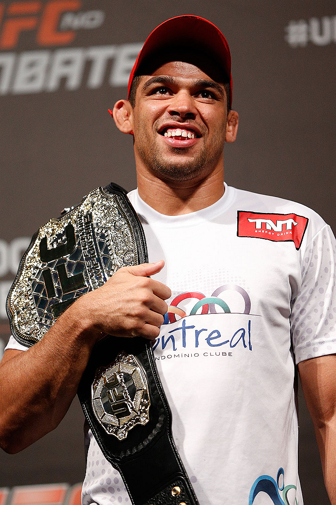 NATAL, BRAZIL - MARCH 22: UFC bantamweight champion Renan Barao interacts with fans during a Q&A session before the UFC weigh-in at Ginasio Nelio Dias on March 22, 2014 in Natal, Brazil. (Photo by Josh Hedges/Zuffa LLC/Zuffa LLC via Getty Images)