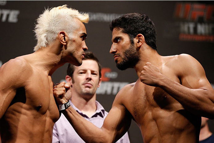 NATAL, BRAZIL - MARCH 22: (L-R) Opponents Godofredo Castro and Noad Lahat face off during the UFC weigh-in at Ginasio Nelio Dias on March 22, 2014 in Natal, Brazil. (Photo by Josh Hedges/Zuffa LLC/Zuffa LLC via Getty Images)