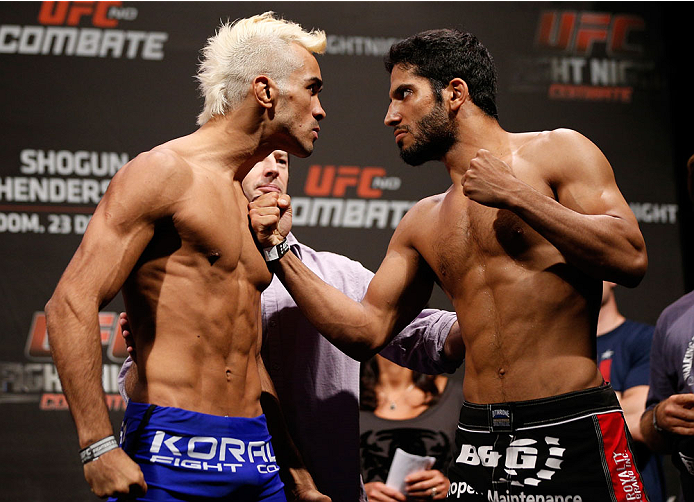 NATAL, BRAZIL - MARCH 22: (L-R) Opponents Godofredo Castro and Noad Lahat face off during the UFC weigh-in at Ginasio Nelio Dias on March 22, 2014 in Natal, Brazil. (Photo by Josh Hedges/Zuffa LLC/Zuffa LLC via Getty Images)