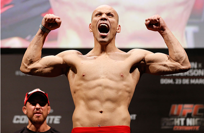 NATAL, BRAZIL - MARCH 22: Thiago Perpetuo weighs in during the UFC weigh-in at Ginasio Nelio Dias on March 22, 2014 in Natal, Brazil. (Photo by Josh Hedges/Zuffa LLC/Zuffa LLC via Getty Images)
