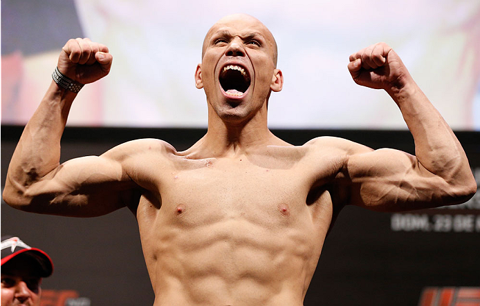NATAL, BRAZIL - MARCH 22: Thiago Perpetuo weighs in during the UFC weigh-in at Ginasio Nelio Dias on March 22, 2014 in Natal, Brazil. (Photo by Josh Hedges/Zuffa LLC/Zuffa LLC via Getty Images)