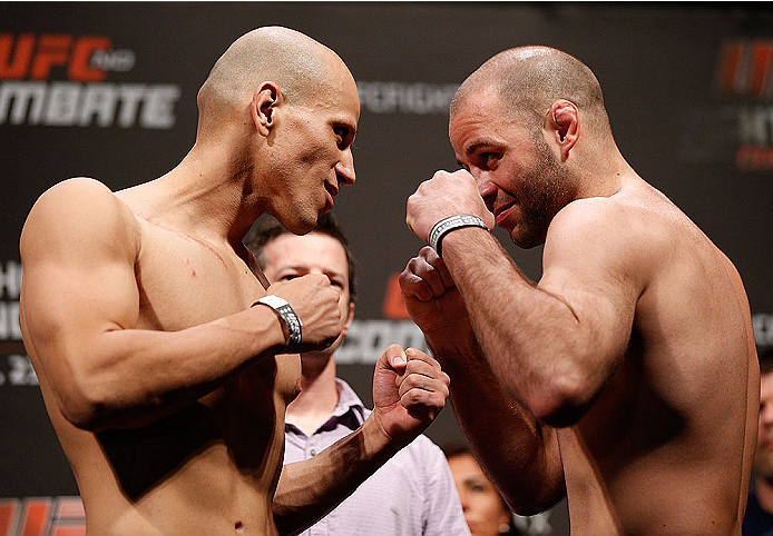 NATAL, BRAZIL - MARCH 22: (L-R) Opponents Thiago Perpetuo and Kenny Robertson face off during the UFC weigh-in at Ginasio Nelio Dias on March 22, 2014 in Natal, Brazil. (Photo by Josh Hedges/Zuffa LLC/Zuffa LLC via Getty Images)