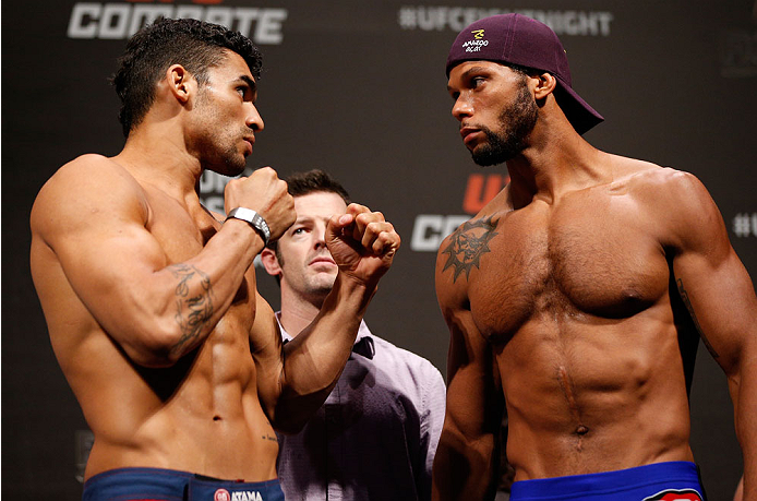 NATAL, BRAZIL - MARCH 22: (L-R) Opponents Ronny Markes and Thiago Santos face off during the UFC weigh-in at Ginasio Nelio Dias on March 22, 2014 in Natal, Brazil. (Photo by Josh Hedges/Zuffa LLC/Zuffa LLC via Getty Images)