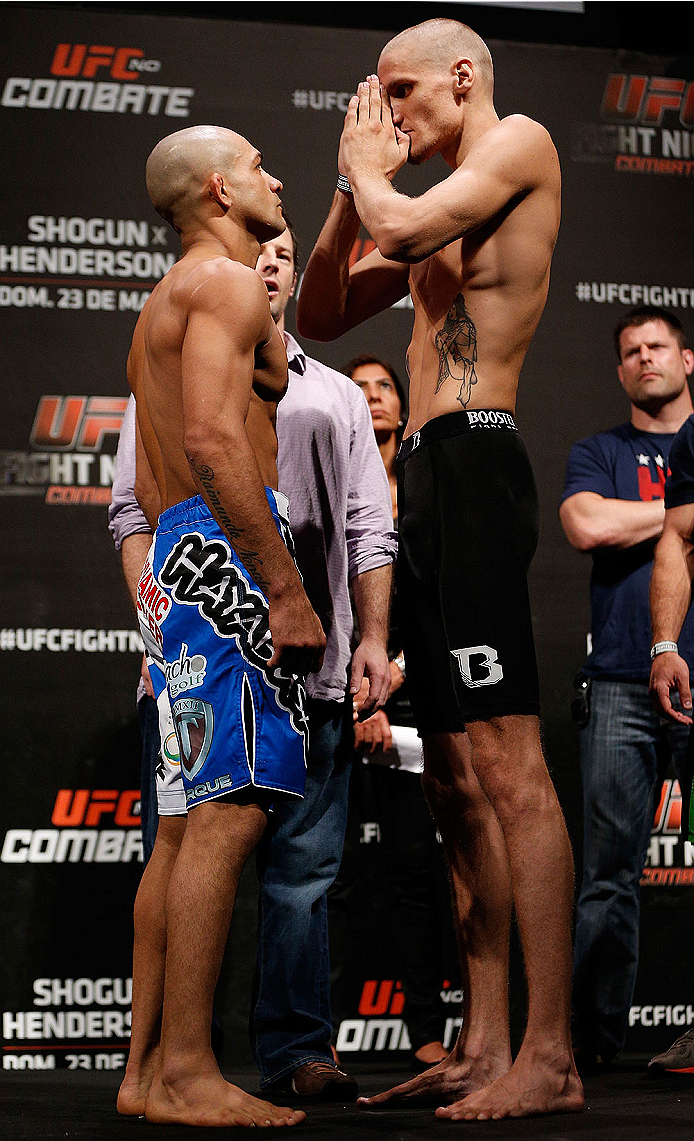 NATAL, BRAZIL - MARCH 22: (L-R) Opponents Diego Brandao and Will Chope face off during the UFC weigh-in at Ginasio Nelio Dias on March 22, 2014 in Natal, Brazil. (Photo by Josh Hedges/Zuffa LLC/Zuffa LLC via Getty Images)