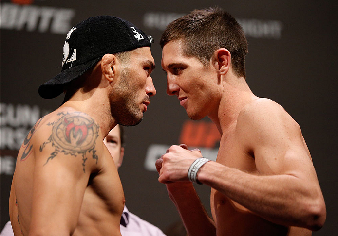 NATAL, BRAZIL - MARCH 22: (L-R) Opponents Rony "Jason" Mariano-Bazzera and Steven Siler face off during the UFC weigh-in at Ginasio Nelio Dias on March 22, 2014 in Natal, Brazil. (Photo by Josh Hedges/Zuffa LLC/Zuffa LLC via Getty Images)