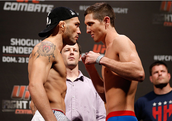 NATAL, BRAZIL - MARCH 22: (L-R) Opponents Rony "Jason" Mariano-Bazzera and Steven Siler face off during the UFC weigh-in at Ginasio Nelio Dias on March 22, 2014 in Natal, Brazil. (Photo by Josh Hedges/Zuffa LLC/Zuffa LLC via Getty Images)