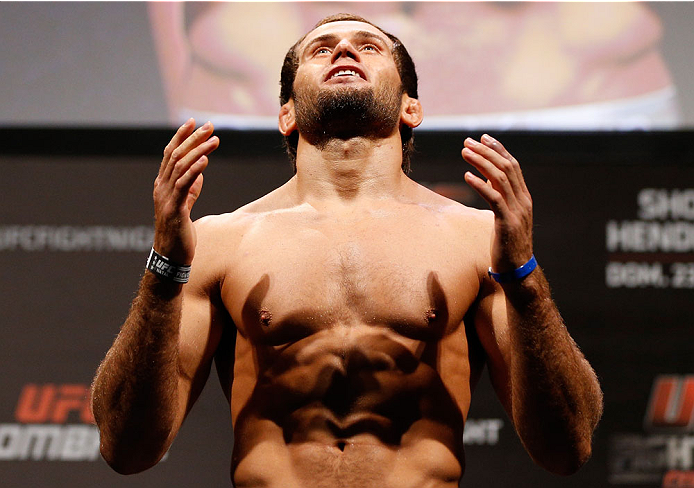 NATAL, BRAZIL - MARCH 22: Maribek Taisumov weighs in during the UFC weigh-in at Ginasio Nelio Dias on March 22, 2014 in Natal, Brazil. (Photo by Josh Hedges/Zuffa LLC/Zuffa LLC via Getty Images)
