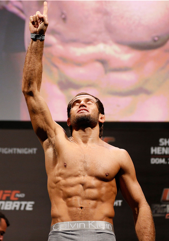 NATAL, BRAZIL - MARCH 22: Maribek Taisumov weighs in during the UFC weigh-in at Ginasio Nelio Dias on March 22, 2014 in Natal, Brazil. (Photo by Josh Hedges/Zuffa LLC/Zuffa LLC via Getty Images)