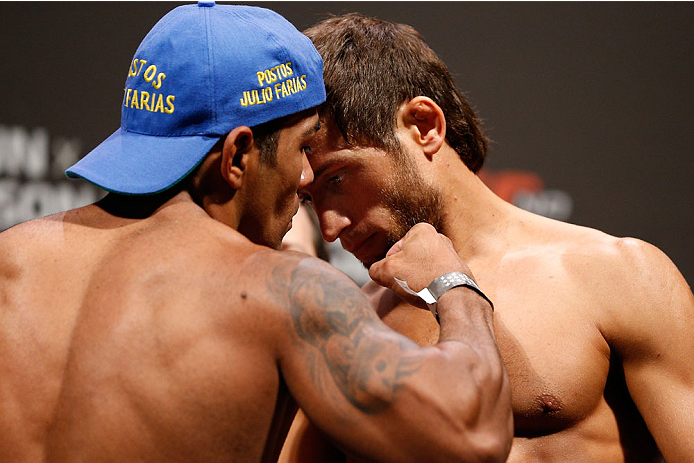 NATAL, BRAZIL - MARCH 22: (L-R) Opponents Michel Prazeres and Maribek Taisumov face off during the UFC weigh-in at Ginasio Nelio Dias on March 22, 2014 in Natal, Brazil. (Photo by Josh Hedges/Zuffa LLC/Zuffa LLC via Getty Images)