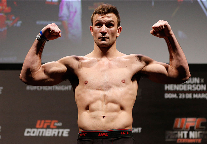 NATAL, BRAZIL - MARCH 22: Gian Villante weighs in during the UFC weigh-in at Ginasio Nelio Dias on March 22, 2014 in Natal, Brazil. (Photo by Josh Hedges/Zuffa LLC/Zuffa LLC via Getty Images)