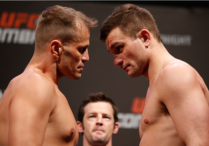 NATAL, BRAZIL - MARCH 22: (L-R) Opponents Fabio Maldonado and Gian Villante face off during the UFC weigh-in at Ginasio Nelio Dias on March 22, 2014 in Natal, Brazil. (Photo by Josh Hedges/Zuffa LLC/Zuffa LLC via Getty Images)