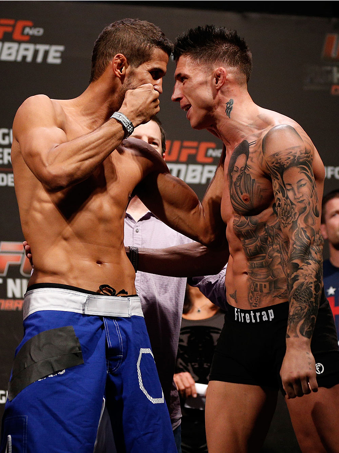NATAL, BRAZIL - MARCH 22: (L-R) Opponents Leonardo Santos and Norman Parke face off during the UFC weigh-in at Ginasio Nelio Dias on March 22, 2014 in Natal, Brazil. (Photo by Josh Hedges/Zuffa LLC/Zuffa LLC via Getty Images)