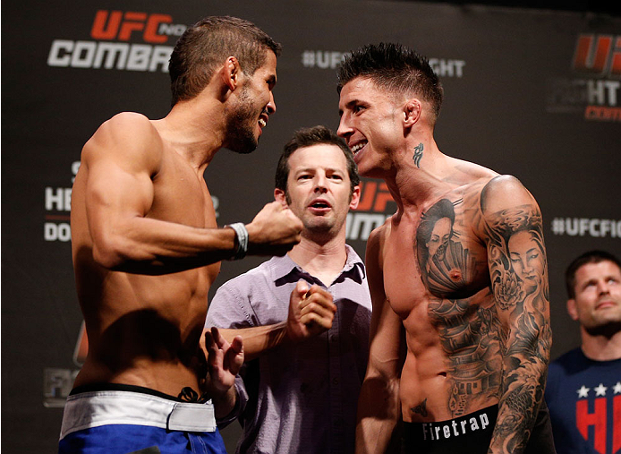 NATAL, BRAZIL - MARCH 22: (L-R) Opponents Leonardo Santos and Norman Parke face off during the UFC weigh-in at Ginasio Nelio Dias on March 22, 2014 in Natal, Brazil. (Photo by Josh Hedges/Zuffa LLC/Zuffa LLC via Getty Images)