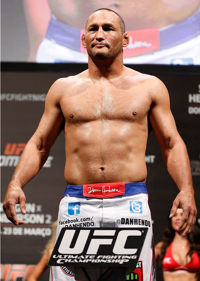 NATAL, BRAZIL - MARCH 22: Dan Henderson weighs in during the UFC weigh-in at Ginasio Nelio Dias on March 22, 2014 in Natal, Brazil. (Photo by Josh Hedges/Zuffa LLC/Zuffa LLC via Getty Images)