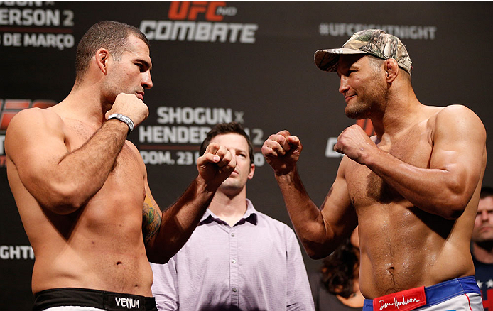 NATAL, BRAZIL - MARCH 22: (L-R) Opponents Mauricio "Shogun" Rua and Dan Henderson face off during the UFC weigh-in at Ginasio Nelio Dias on March 22, 2014 in Natal, Brazil. (Photo by Josh Hedges/Zuffa LLC/Zuffa LLC via Getty Images)