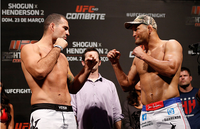 NATAL, BRAZIL - MARCH 22: (L-R) Opponents Mauricio "Shogun" Rua and Dan Henderson face off during the UFC weigh-in at Ginasio Nelio Dias on March 22, 2014 in Natal, Brazil. (Photo by Josh Hedges/Zuffa LLC/Zuffa LLC via Getty Images)