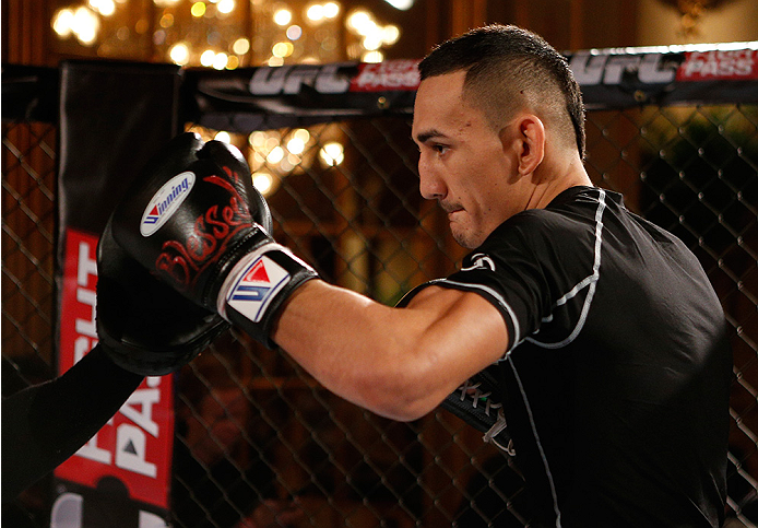 STOCKHOLM, SWEDEN - OCTOBER 01: Max Holloway holds an open training session for media and fans at the Grand Hotel on October 1, 2014 in Stockholm, Sweden. (Photo by Josh Hedges/Zuffa LLC/Zuffa LLC via Getty Images)