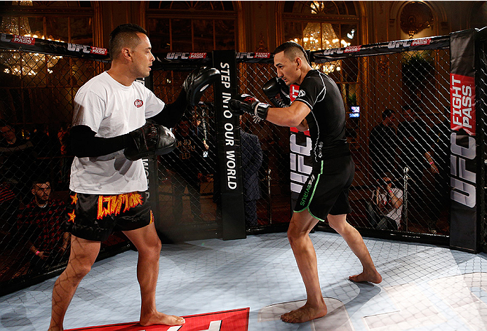 STOCKHOLM, SWEDEN - OCTOBER 01: Max Holloway holds an open training session for media and fans at the Grand Hotel on October 1, 2014 in Stockholm, Sweden. (Photo by Josh Hedges/Zuffa LLC/Zuffa LLC via Getty Images)