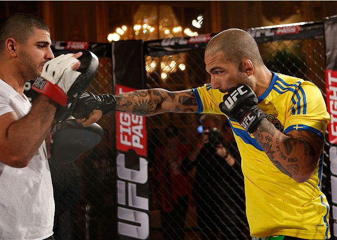 STOCKHOLM, SWEDEN - OCTOBER 01: Akira Corassani of Sweden holds an open training session for media and fans at the Grand Hotel on October 1, 2014 in Stockholm, Sweden. (Photo by Josh Hedges/Zuffa LLC/Zuffa LLC via Getty Images)