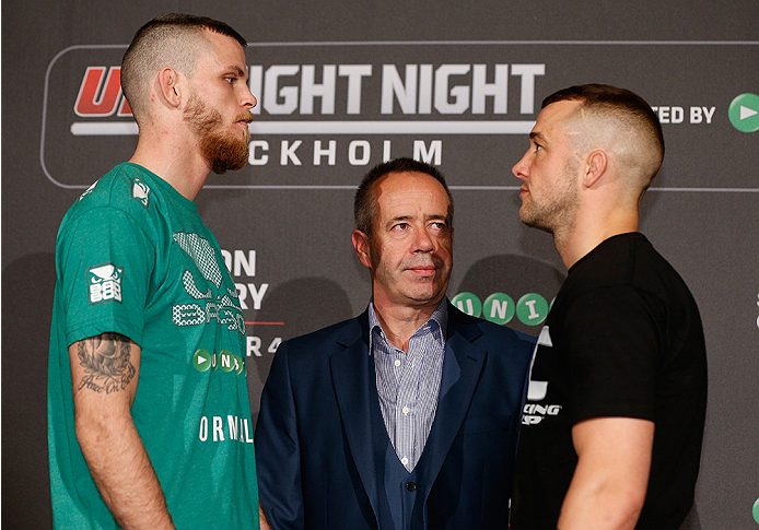 STOCKHOLM, SWEDEN - OCTOBER 01: (L-R) Opponents Niklas Backstrom of Sweden and Mike Wilkinson of England face off at the Grand Hotel on October 1, 2014 in Stockholm, Sweden. (Photo by Josh Hedges/Zuffa LLC/Zuffa LLC via Getty Images)