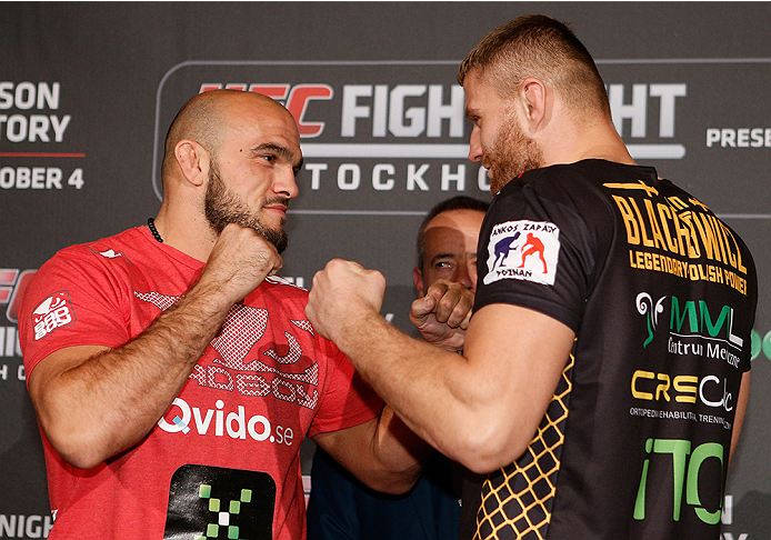 STOCKHOLM, SWEDEN - OCTOBER 01: (L-R) Opponents Ilir Latifi of Sweden and Jan Blachowicz of Poland face off at the Grand Hotel on October 1, 2014 in Stockholm, Sweden. (Photo by Josh Hedges/Zuffa LLC/Zuffa LLC via Getty Images)