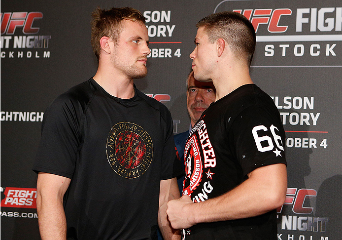 STOCKHOLM, SWEDEN - OCTOBER 01: (L-R) Opponents Gunnar Nelson of Iceland and Rick Story face off at the Grand Hotel on October 1, 2014 in Stockholm, Sweden. (Photo by Josh Hedges/Zuffa LLC/Zuffa LLC via Getty Images)