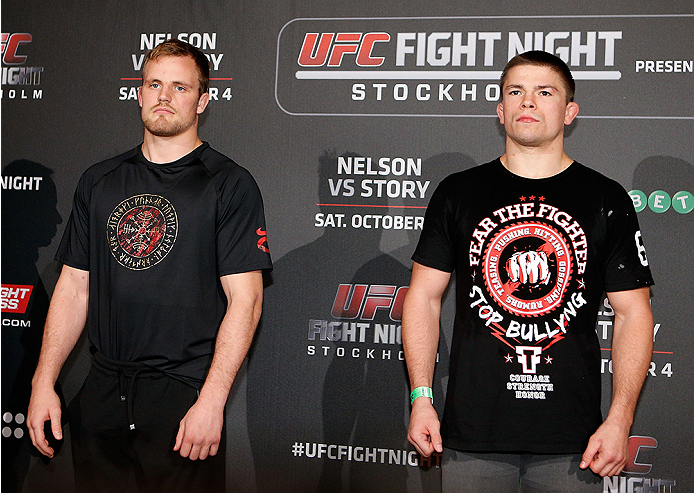 STOCKHOLM, SWEDEN - OCTOBER 01: (L-R) Opponents Gunnar Nelson of Iceland and Rick Story pose for photos at the Grand Hotel on October 1, 2014 in Stockholm, Sweden. (Photo by Josh Hedges/Zuffa LLC/Zuffa LLC via Getty Images)