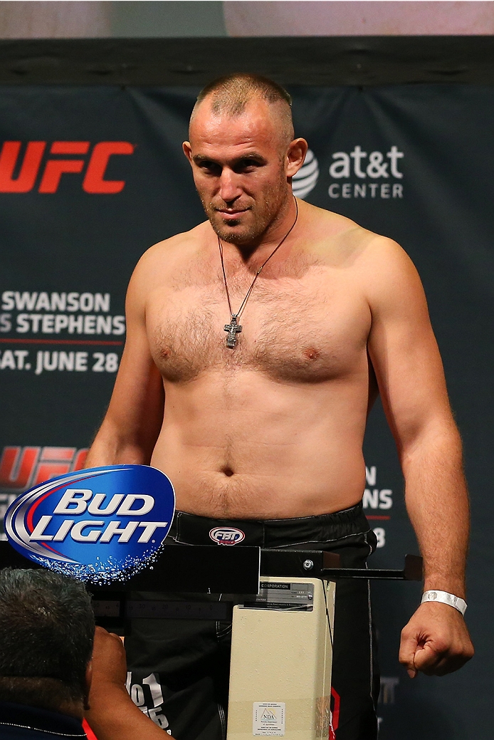 SAN ANTONIO, TX - JUNE 27: Oleksiy Oliynyk steps on the scale during the UFC Fight Night weigh-in at the AT&T Center on June 27, 2014 in San Antonio, Texas. (Photo by Ed Mulholland/Zuffa LLC/Zuffa LLC via Getty Images)