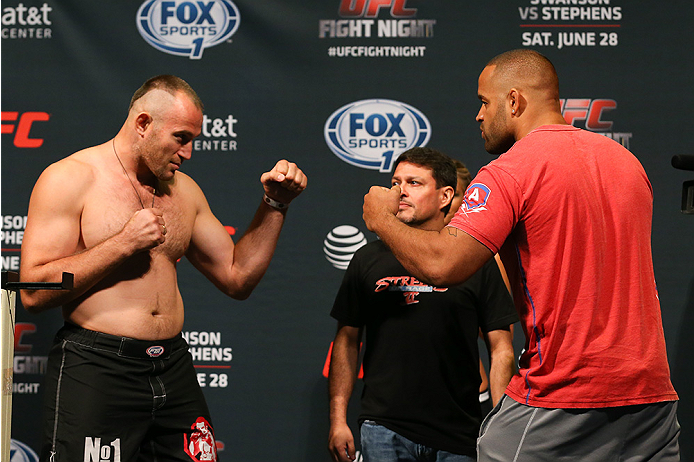 SAN ANTONIO, TX - JUNE 27: Oleksiy Oliynyk (left) and Anthony Hamilton (right) pose after weighing in for their UFC Fight Night bout at the AT&T Center on June 27, 2014 in San Antonio, Texas. (Photo by Ed Mulholland/Zuffa LLC/Zuffa LLC via Getty Images)