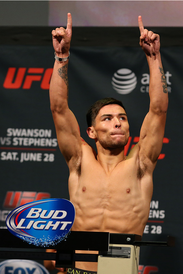 SAN ANTONIO, TX - JUNE 27: Ray Borg steps on the scale during the UFC Fight Night weigh-in at the AT&T Center on June 27, 2014 in San Antonio, Texas. (Photo by Ed Mulholland/Zuffa LLC/Zuffa LLC via Getty Images)