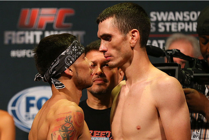SAN ANTONIO, TX - JUNE 27: Ray Borg (left) and Shane Howell (right) pose after weighing in for their UFC Fight Night bout at the AT&T Center on June 27, 2014 in San Antonio, Texas. (Photo by Ed Mulholland/Zuffa LLC/Zuffa LLC via Getty Images)