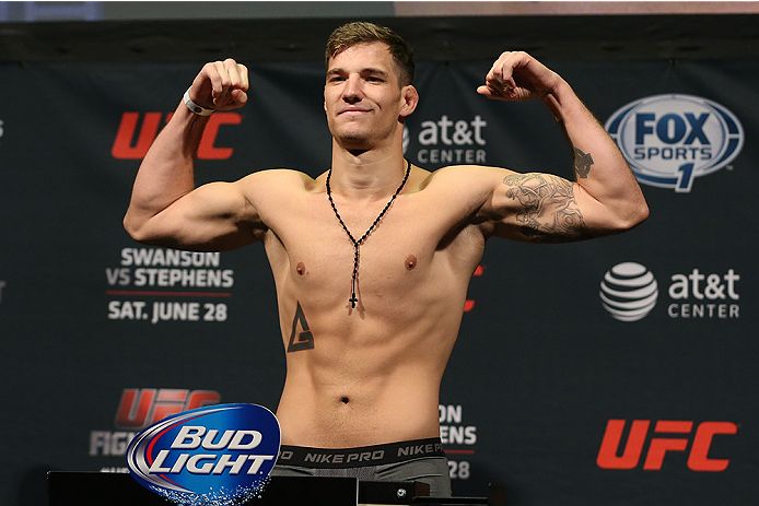 SAN ANTONIO, TX - JUNE 27: Andy Enz steps on the scale during the UFC Fight Night weigh-in at the AT&T Center on June 27, 2014 in San Antonio, Texas. (Photo by Ed Mulholland/Zuffa LLC/Zuffa LLC via Getty Images)