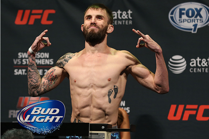 SAN ANTONIO, TX - JUNE 27: Johnny Bedford steps on the scale during the UFC Fight Night weigh-in at the AT&T Center on June 27, 2014 in San Antonio, Texas. (Photo by Ed Mulholland/Zuffa LLC/Zuffa LLC via Getty Images)