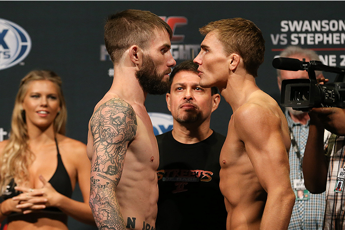 SAN ANTONIO, TX - JUNE 27: Johnny Bedford (left) and Cody Gibson (right) pose after weighing in for their UFC Fight Night bout at the AT&T Center on June 27, 2014 in San Antonio, Texas. (Photo by Ed Mulholland/Zuffa LLC/Zuffa LLC via Getty Images)
