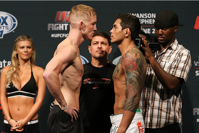 SAN ANTONIO, TX - JUNE 27: Colton Smith (left) and Carlos Diego Ferreira (right) pose after weighing in for their UFC Fight Night bout at the AT&T Center on June 27, 2014 in San Antonio, Texas. (Photo by Ed Mulholland/Zuffa LLC/Zuffa LLC via Getty Images)
