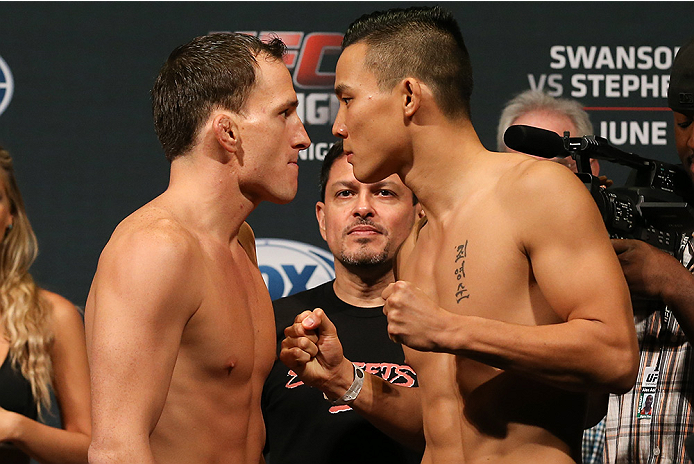 SAN ANTONIO, TX - JUNE 27: Joe Ellenberger (left) and James Moontasri (right) at the AT&T Center on June 27, 2014 in San Antonio, Texas. (Photo by Ed Mulholland/Zuffa LLC/Zuffa LLC via Getty Images)