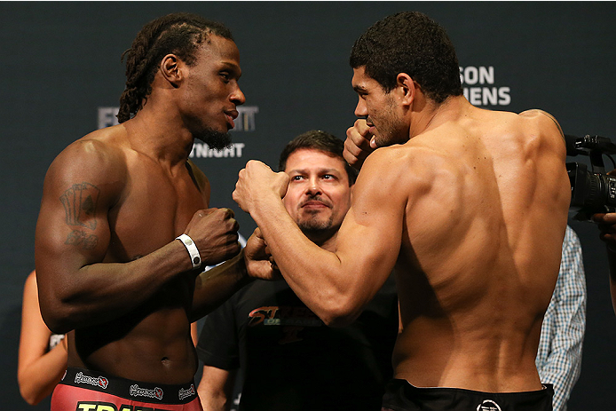 SAN ANTONIO, TX - JUNE 27: Clint Hester (left) and Antonio Braga Neto (right) pose after weighing in for their UFC Fight Night bout at the AT&T Center on June 27, 2014 in San Antonio, Texas. (Photo by Ed Mulholland/Zuffa LLC/Zuffa LLC via Getty Images)