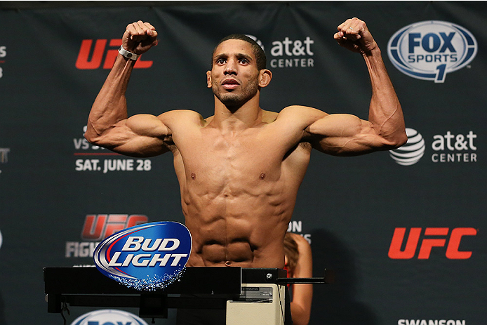 SAN ANTONIO, TX - JUNE 27: Hacran Dias steps on the scale during the UFC Fight Night weigh-in at the AT&T Center on June 27, 2014 in San Antonio, Texas. (Photo by Ed Mulholland/Zuffa LLC/Zuffa LLC via Getty Images)