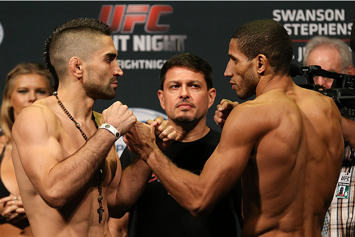 SAN ANTONIO, TX - JUNE 27: Ricardo Lamas (left) and Hacran Dias (right) pose after weighing in for their UFC Fight Night bout at the AT&T Center on June 27, 2014 in San Antonio, Texas. (Photo by Ed Mulholland/Zuffa LLC/Zuffa LLC via Getty Images)