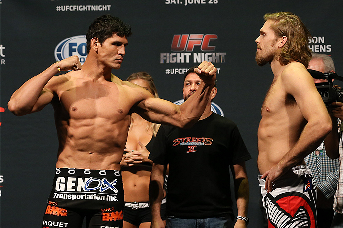 SAN ANTONIO, TX - JUNE 27: Cezar Ferreira and Andrew Craig pose after weighing in for their UFC Fight Night bout weigh-in at the AT&T Center on June 27, 2014 in San Antonio, Texas. (Photo by Ed Mulholland/Zuffa LLC/Zuffa LLC via Getty Images)