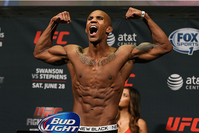 SAN ANTONIO, TX - JUNE 27: Nico Musoke steps on the scale during the UFC Fight Night weigh-in at the AT&T Center on June 27, 2014 in San Antonio, Texas. (Photo by Ed Mulholland/Zuffa LLC/Zuffa LLC via Getty Images)
