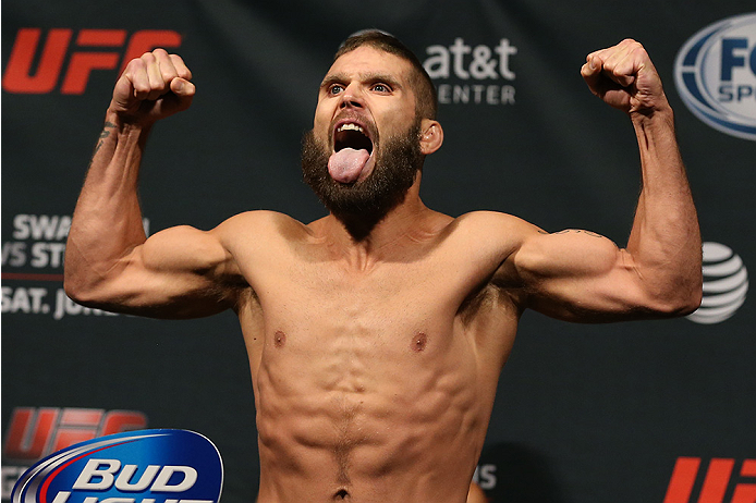 SAN ANTONIO, TX - JUNE 27: Jeremy Stephens steps on the scale during the UFC Fight Night weigh-in at the AT&T Center on June 27, 2014 in San Antonio, Texas. (Photo by Ed Mulholland/Zuffa LLC/Zuffa LLC via Getty Images)