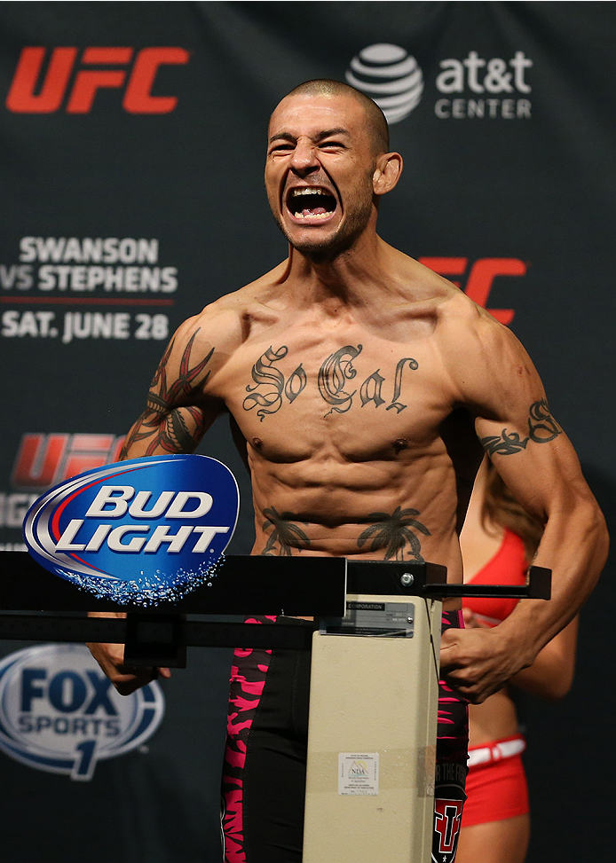 SAN ANTONIO, TX - JUNE 27: Cub Swanson steps on the scale during the UFC Fight Night weigh-in at the AT&T Center on June 27, 2014 in San Antonio, Texas. (Photo by Ed Mulholland/Zuffa LLC/Zuffa LLC via Getty Images)