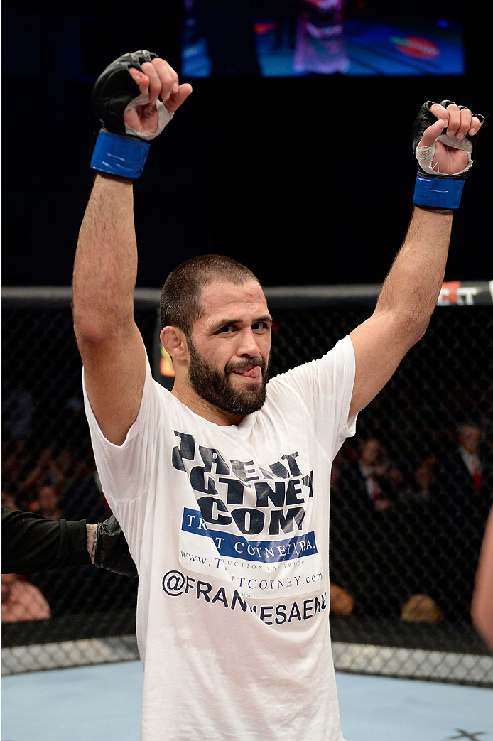 BANGOR, ME - AUGUST 16: Frankie Saenz celebrates after defeating Nolan Ticman in their bantamweight bout during the UFC fight night event at the Cross Insurance Center on August 16, 2014 in Bangor, Maine. (Photo by Jeff Bottari/Zuffa LLC/Zuffa LLC via Ge
